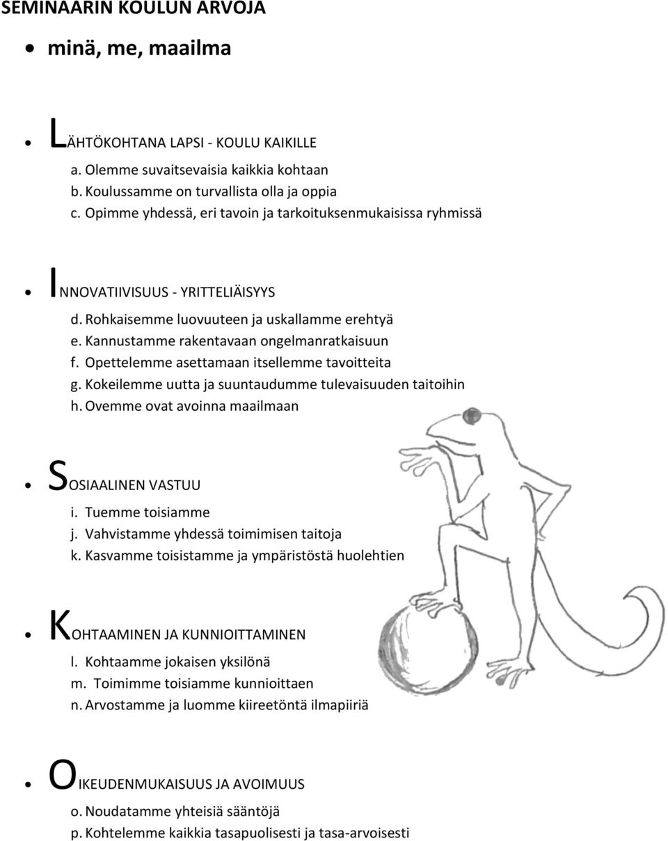 Opettelemme asettamaan itsellemme tavoitteita g. Kokeilemme uutta ja suuntaudumme tulevaisuuden taitoihin h. Ovemme ovat avoinna maailmaan SOSIAALINEN VASTUU i. Tuemme toisiamme j.