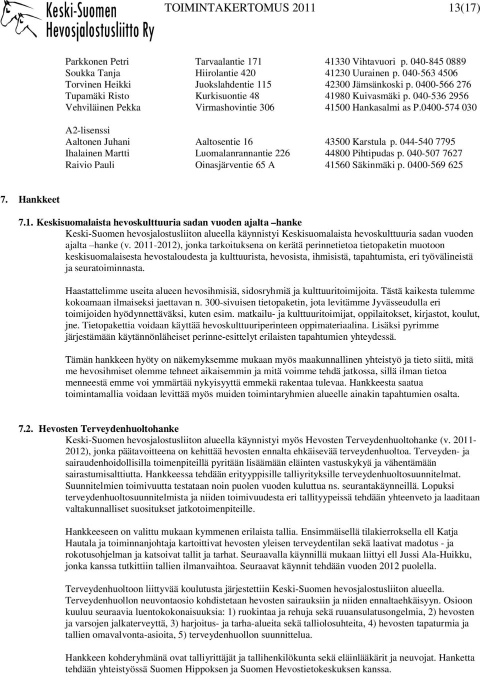 040-536 2956 Vehviläinen Pekka Virmashovintie 306 41500 Hankasalmi as P.0400-574 030 A2-lisenssi Aaltonen Juhani Aaltosentie 16 43500 Karstula p.