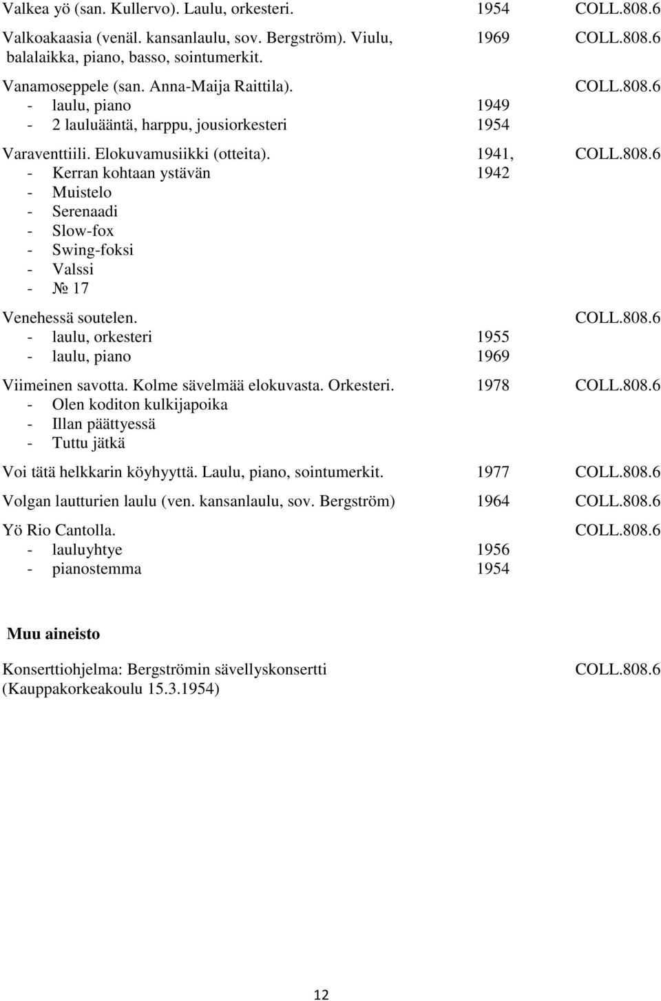 - laulu, - laulu, piano Viimeinen savotta. Kolme sävelmää elokuvasta. Orkesteri. - Olen koditon kulkijapoika - Illan päättyessä - Tuttu jätkä 1969 COLL.808.6 1949 1954 1941, 1942 1955 1969 COLL.808.6 COLL.