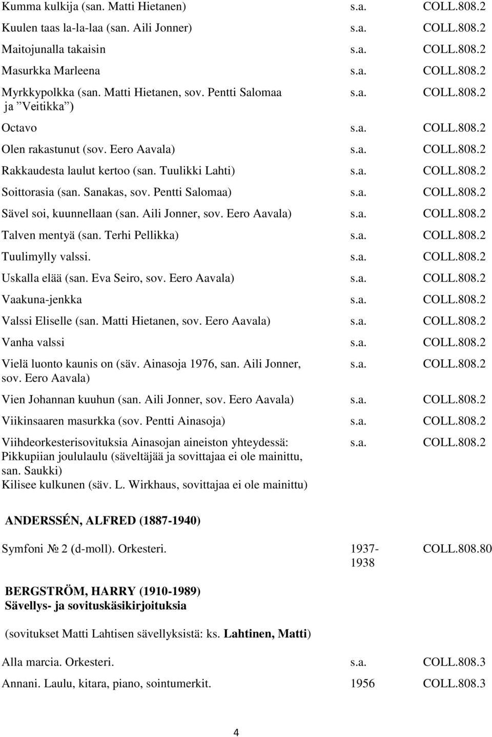 Pentti Salomaa) COLL.808.2 Sävel soi, kuunnellaan (san. Aili Jonner, sov. Eero Aavala) COLL.808.2 Talven mentyä (san. Terhi Pellikka) COLL.808.2 Tuulimylly valssi. COLL.808.2 Uskalla elää (san.