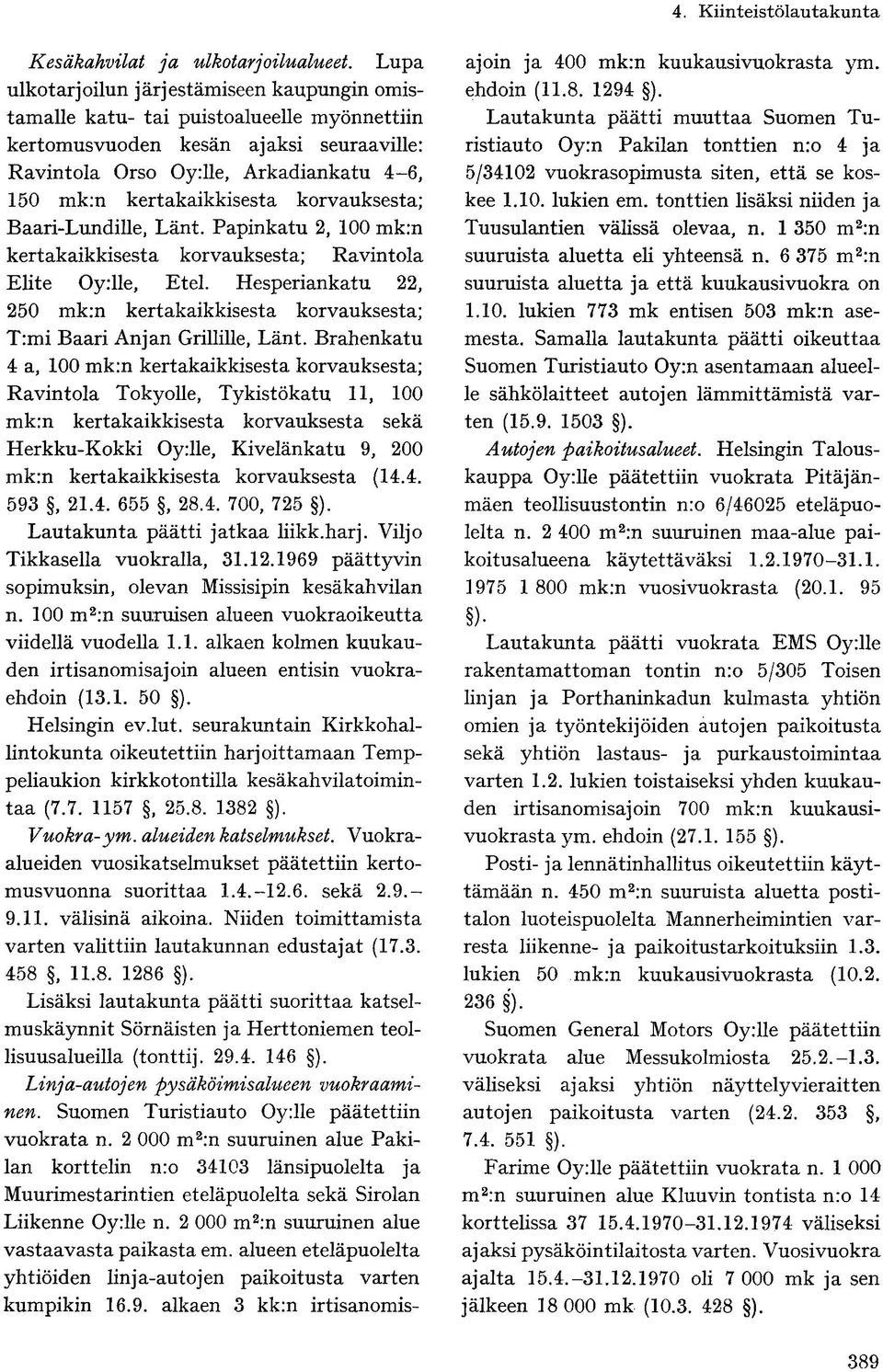 kertakaikkisesta korvauksesta; Baari-Lundille, Länt. Papinkatu 2, 100 mk:n kertakaikkisesta korvauksesta; Ravintola Elite Oy:lle, Etel.