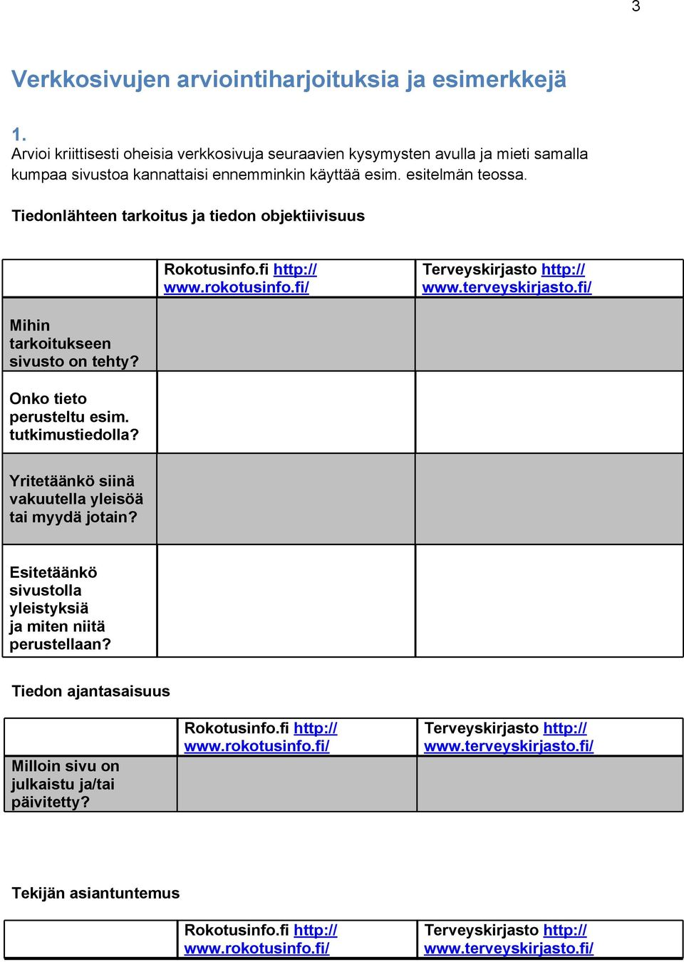 Onko tieto perusteltu esim. tutkimustiedolla? Yritetäänkö siinä vakuutella yleisöä tai myydä jotain? Esitetäänkö sivustolla yleistyksiä ja miten niitä perustellaan?