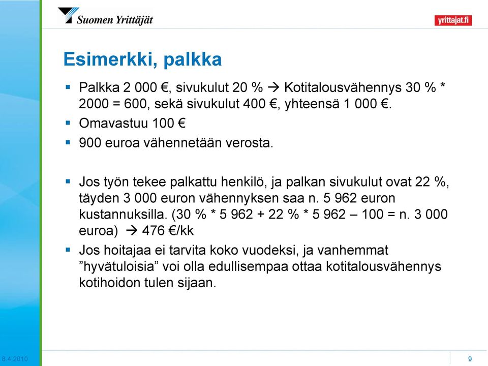 Jos työn tekee palkattu henkilö, ja palkan sivukulut ovat 22 %, täyden 3 000 euron vähennyksen saa n.