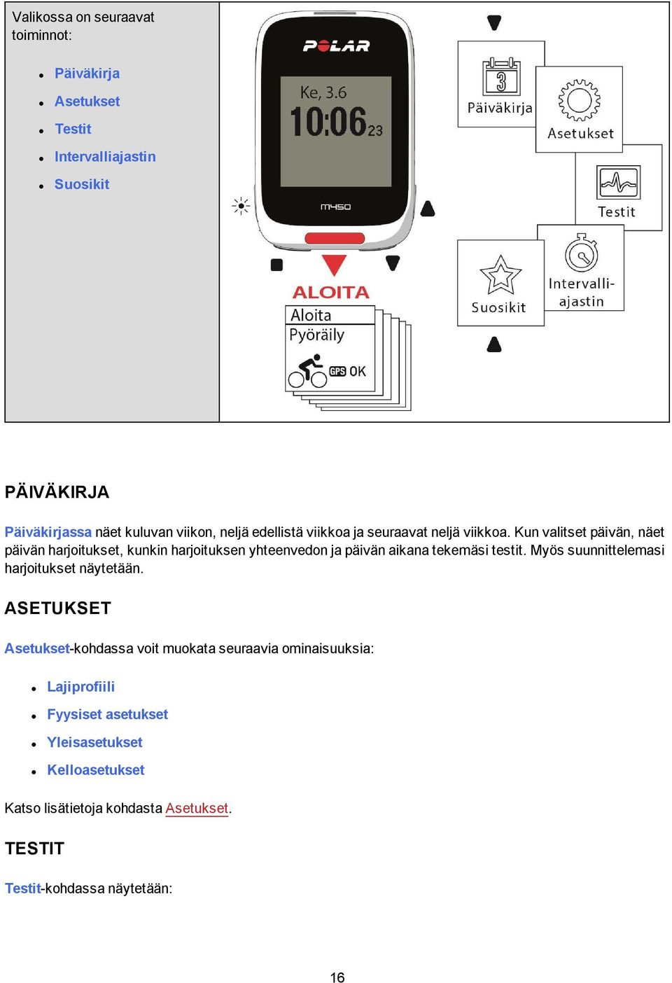 Kun valitset päivän, näet päivän harjoitukset, kunkin harjoituksen yhteenvedon ja päivän aikana tekemäsi testit.