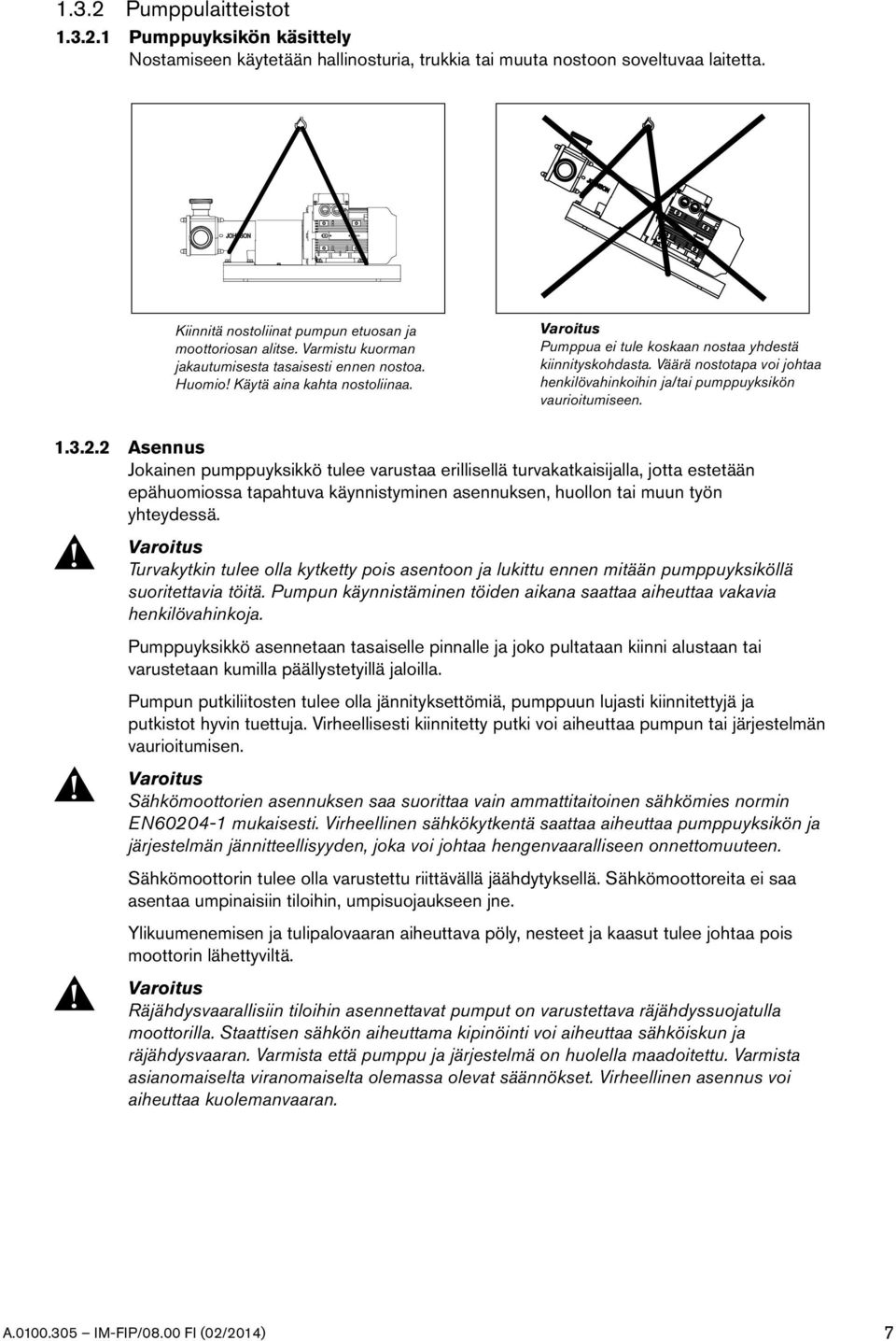 Väärä nostotapa voi johtaa henkilövahinkoihin ja/tai pumppuyksikön vaurioitumiseen. 1.3.2.