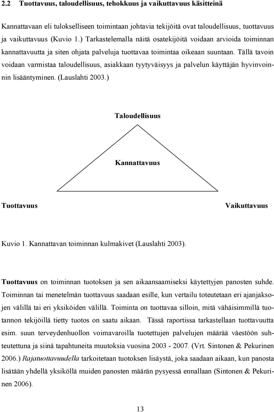 Tällä tavoin voidaan varmistaa taloudellisuus, asiakkaan tyytyväisyys ja palvelun käyttäjän hyvinvoinnin lisääntyminen. (Lauslahti 2003.) Taloudellisuus Kannattavuus Tuottavuus Vaikuttavuus Kuvio 1.