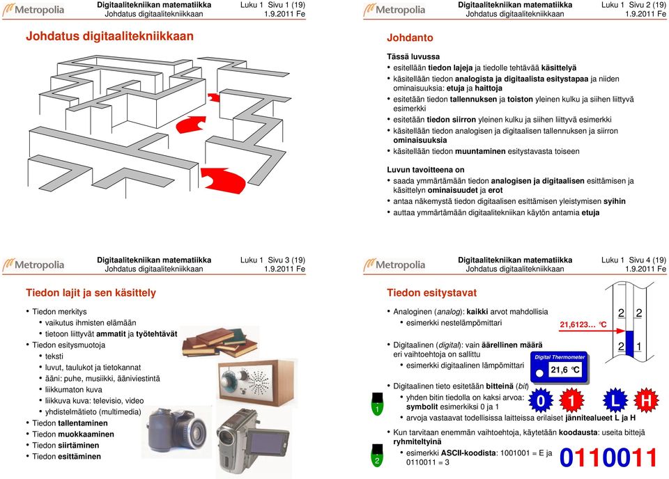 e   e Johdatus digitaalitekniikkaan Johdanto Tässä luvussa esitellään tiedon lajeja ja tiedolle tehtävää käsittelyä käsitellään tiedon analogista ja digitaalista esitystapaa ja niiden ominaisuuksia: