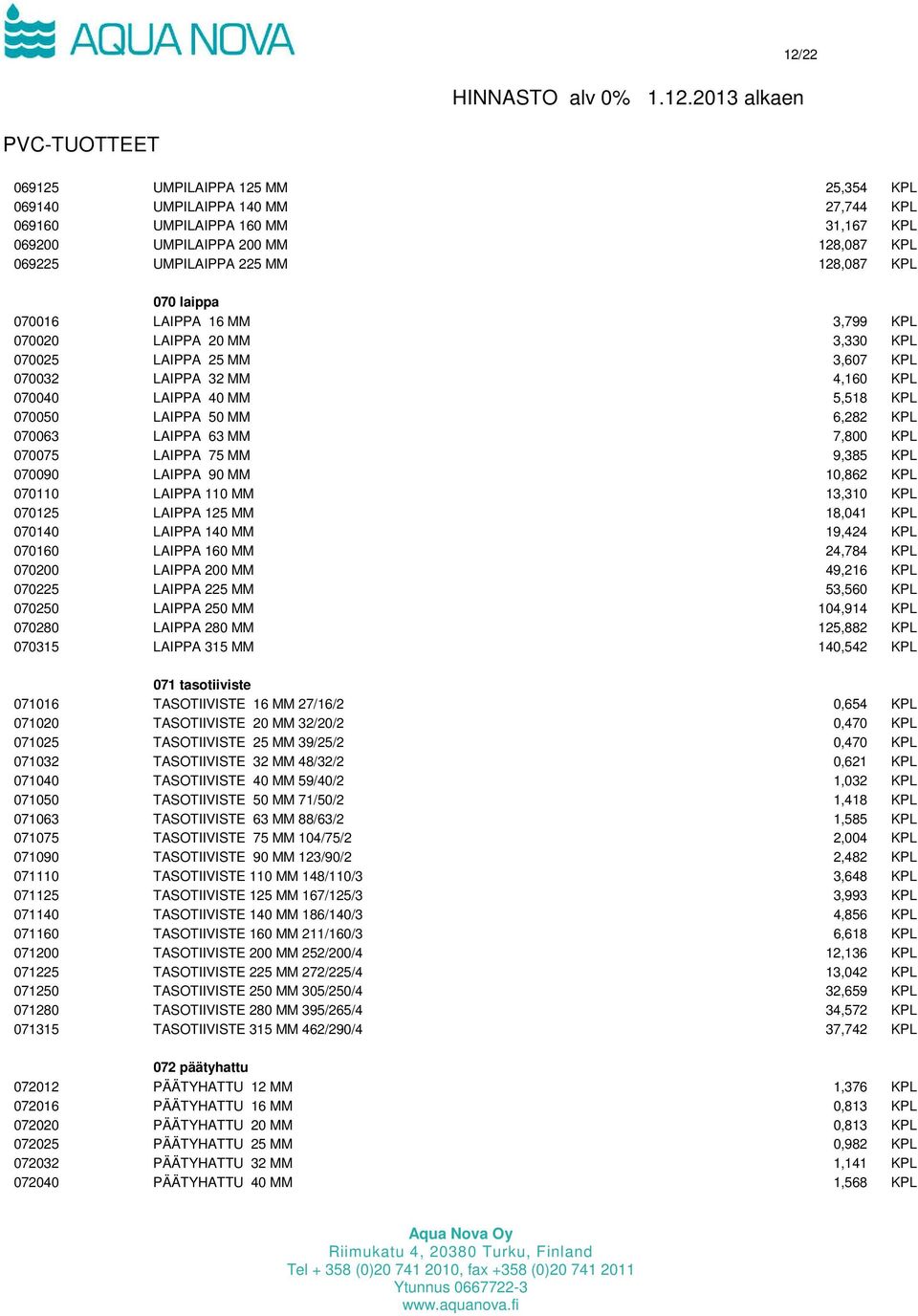 7,800 KPL 070075 LAIPPA 75 MM 9,385 KPL 070090 LAIPPA 90 MM 10,862 KPL 070110 LAIPPA 110 MM 13,310 KPL 070125 LAIPPA 125 MM 18,041 KPL 070140 LAIPPA 140 MM 19,424 KPL 070160 LAIPPA 160 MM 24,784 KPL