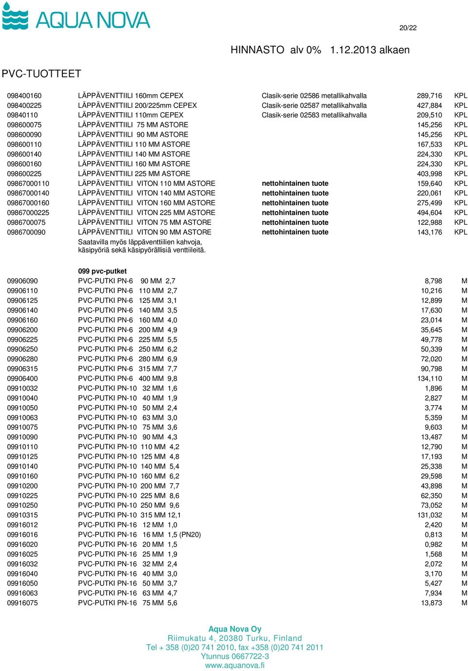 110 MM ASTORE 167,533 KPL 098600140 LÄPPÄVENTTIILI 140 MM ASTORE 224,330 KPL 098600160 LÄPPÄVENTTIILI 160 MM ASTORE 224,330 KPL 098600225 LÄPPÄVENTTIILI 225 MM ASTORE 403,998 KPL 09867000110