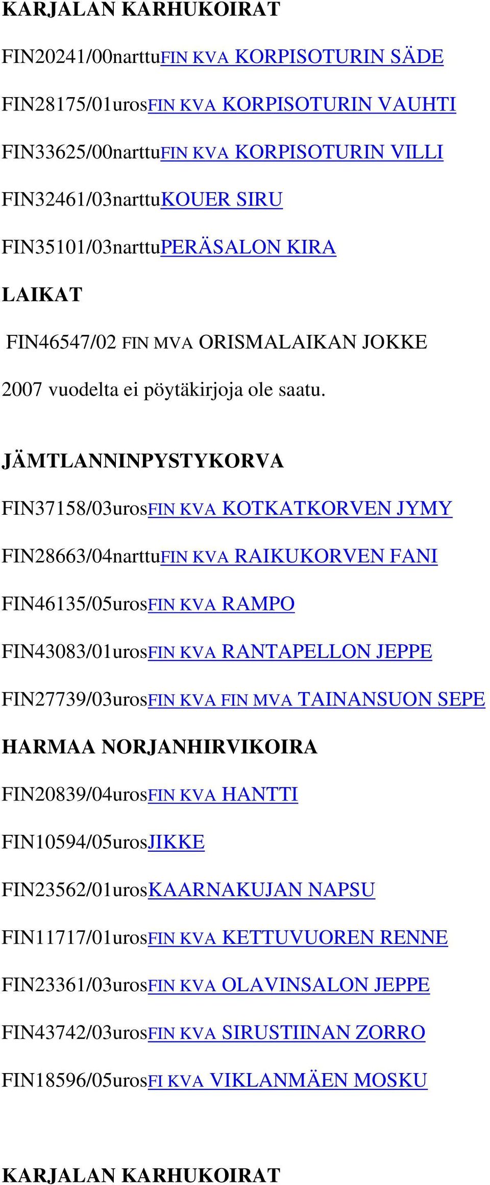 JÄMTLANNINPYSTYKORVA FIN37158/03urosFIN KVA KOTKATKORVEN JYMY FIN28663/04narttuFIN KVA RAIKUKORVEN FANI FIN46135/05urosFIN KVA RAMPO FIN43083/01urosFIN KVA RANTAPELLON JEPPE FIN27739/03urosFIN KVA