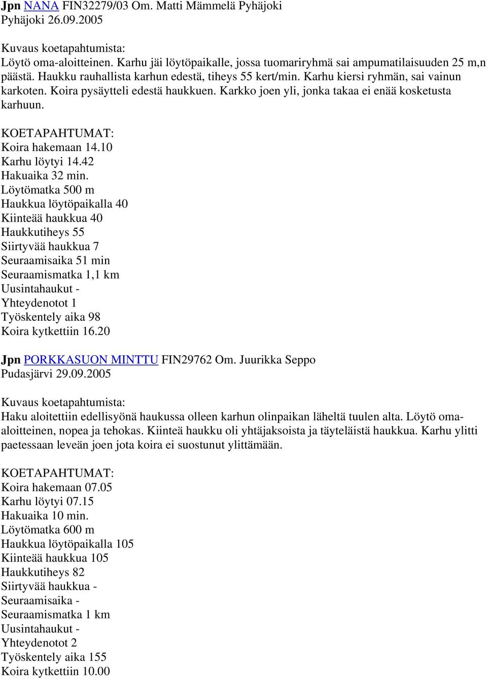 KOETAPAHTUMAT: Koira hakemaan 14.10 Karhu löytyi 14.42 Hakuaika 32 min.