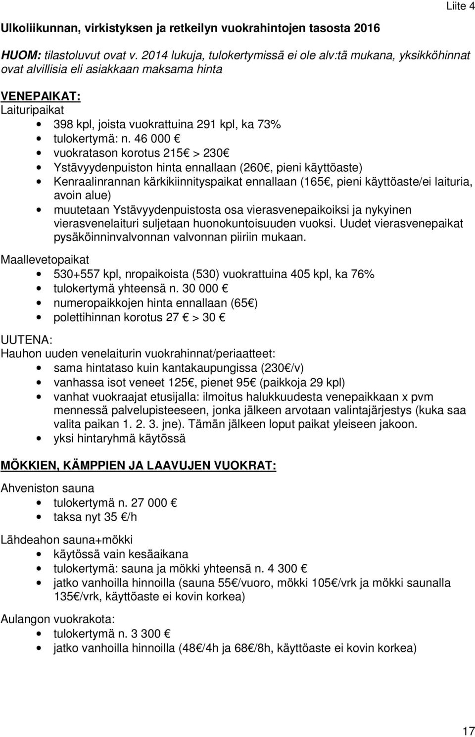 46 000 vuokratason korotus 215 > 230 Ystävyydenpuiston hinta ennallaan (260, pieni käyttöaste) Kenraalinrannan kärkikiinnityspaikat ennallaan (165, pieni käyttöaste/ei laituria, avoin alue) muutetaan