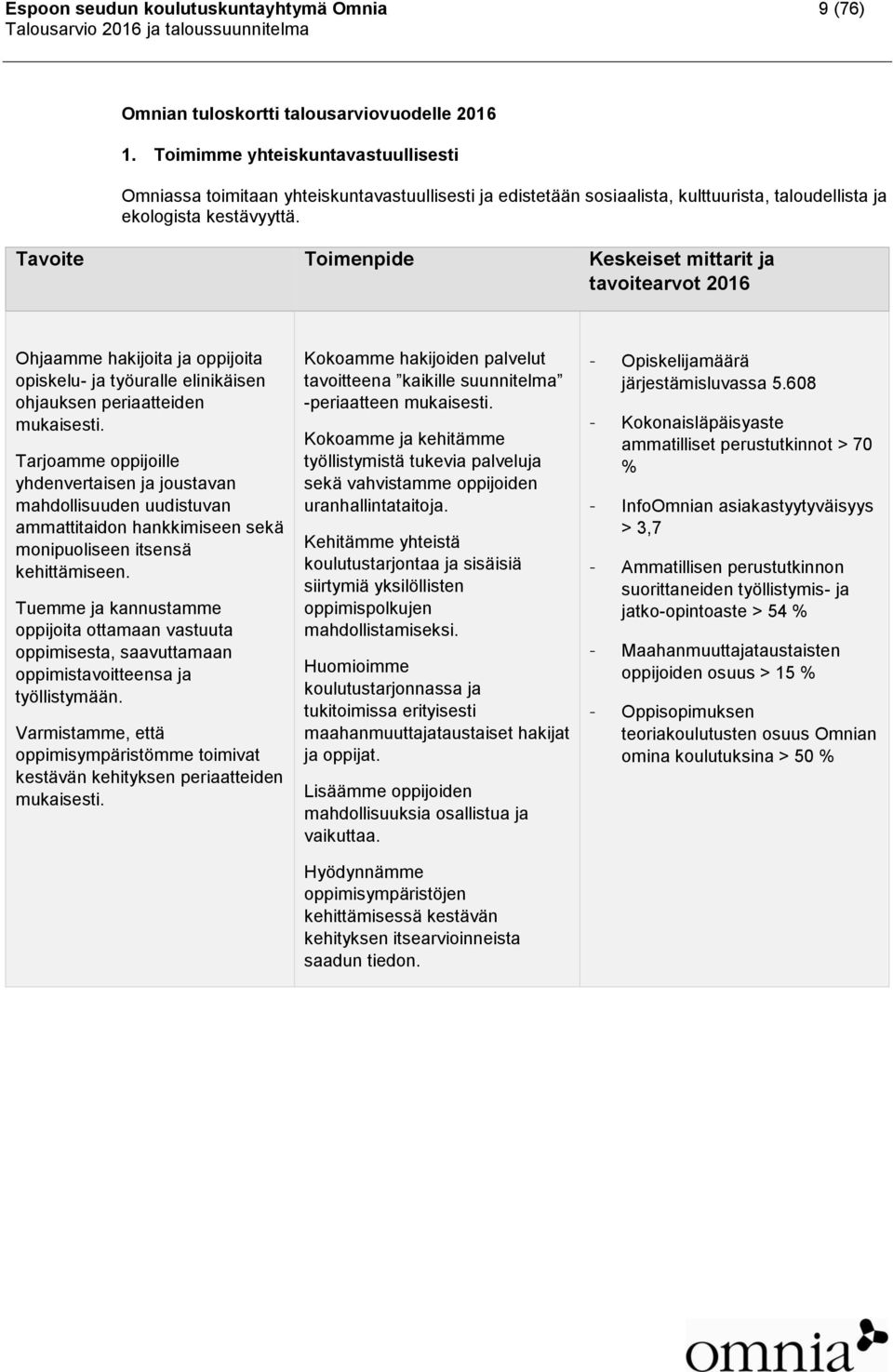 Tavoite Toimenpide Keskeiset mittarit ja tavoitearvot 2016 Ohjaamme hakijoita ja oppijoita opiskelu- ja työuralle elinikäisen ohjauksen periaatteiden mukaisesti.