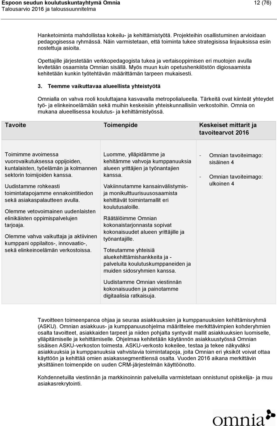 Opettajille järjestetään verkkopedagogista tukea ja vertaisoppimisen eri muotojen avulla levitetään osaamista Omnian sisällä.