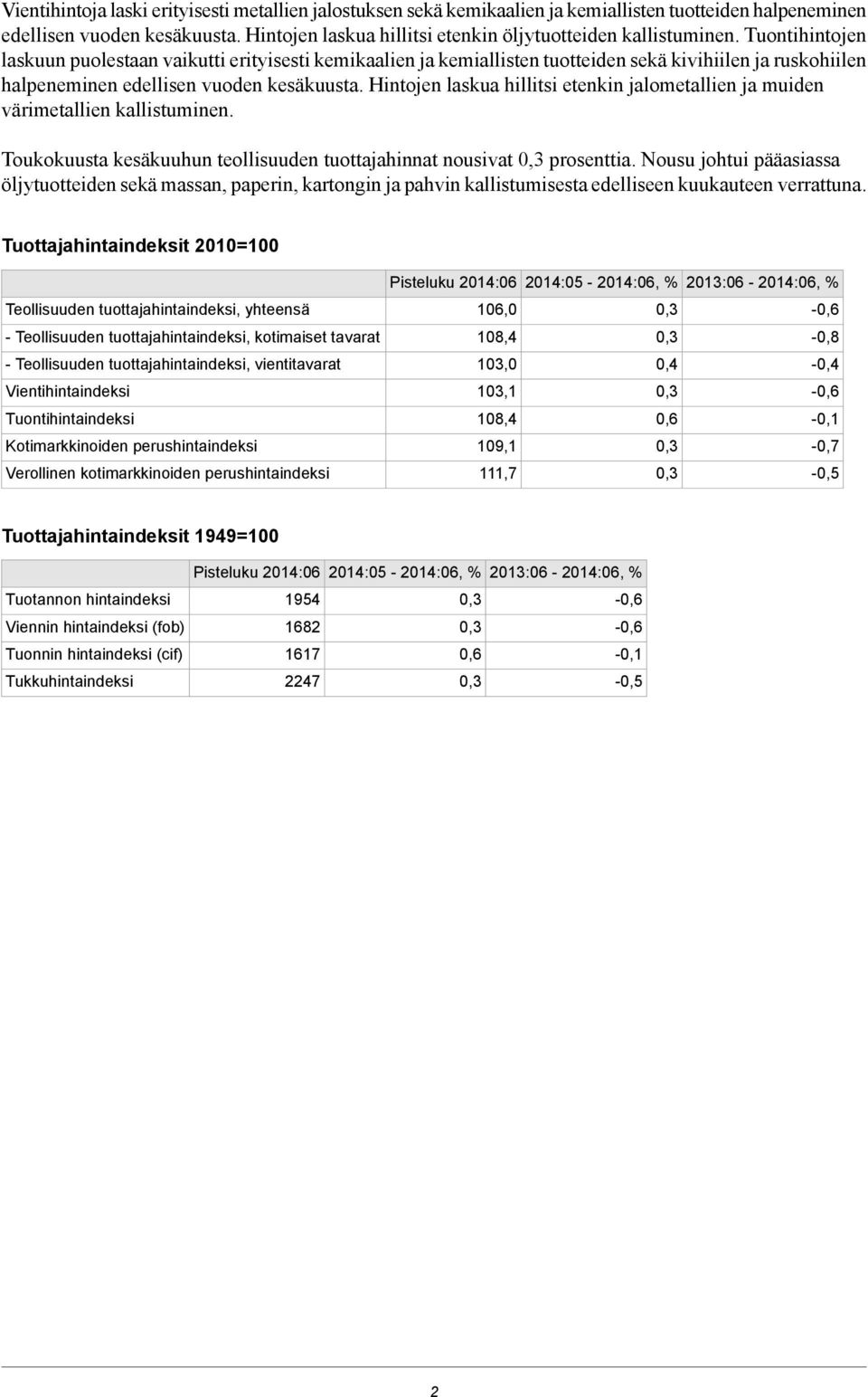 Tuontihintojen laskuun puolestaan vaikutti erityisesti kemikaalien ja kemiallisten tuotteiden sekä kivihiilen ja ruskohiilen halpeneminen edellisen vuoden kesäkuusta.