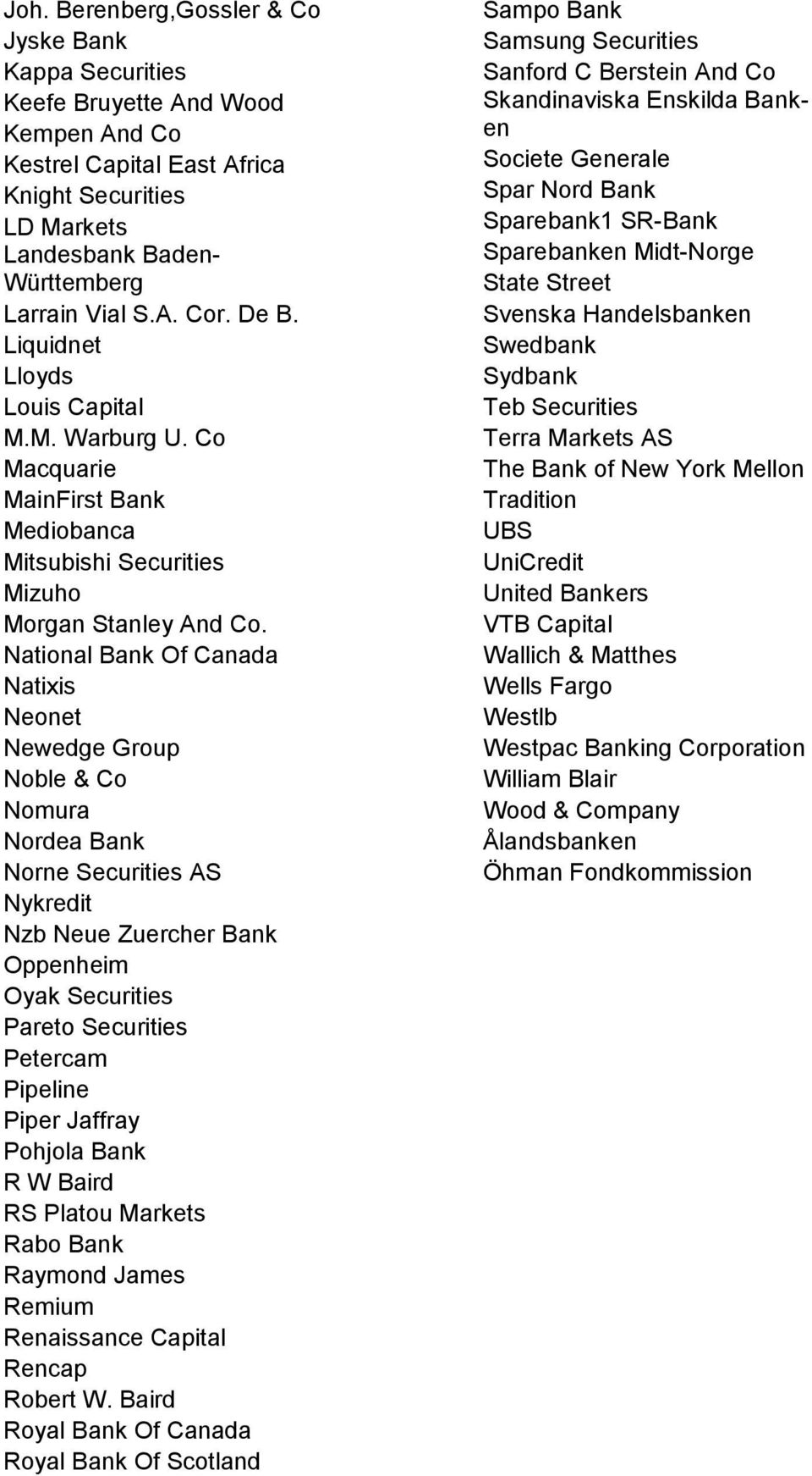 National Bank Of Canada Natixis Neonet Newedge Group Noble & Co Nomura Nordea Bank Norne Securities AS Nykredit Nzb Neue Zuercher Bank Oppenheim Oyak Securities Pareto Securities Petercam Pipeline