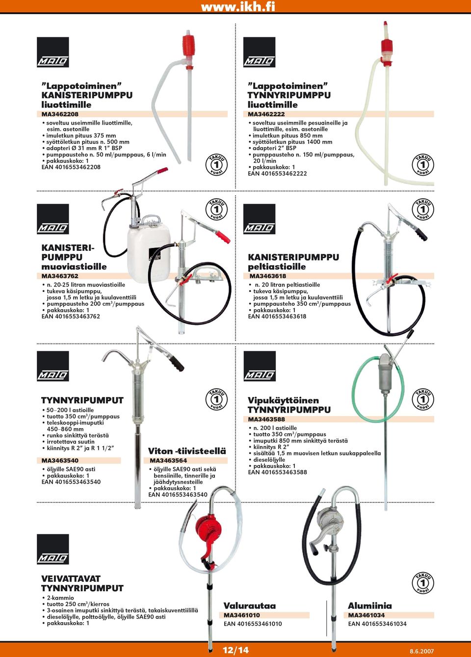 asetonille imuletkun pituus 850 mm syöttöletkun pituus 1400 mm adapteri 2 BSP pumppausteho n. 150 ml/pumppaus, 20 l/min EAN 4016553462222 KANISTERI- PUMPPU muoviastioille MA3463762 n.