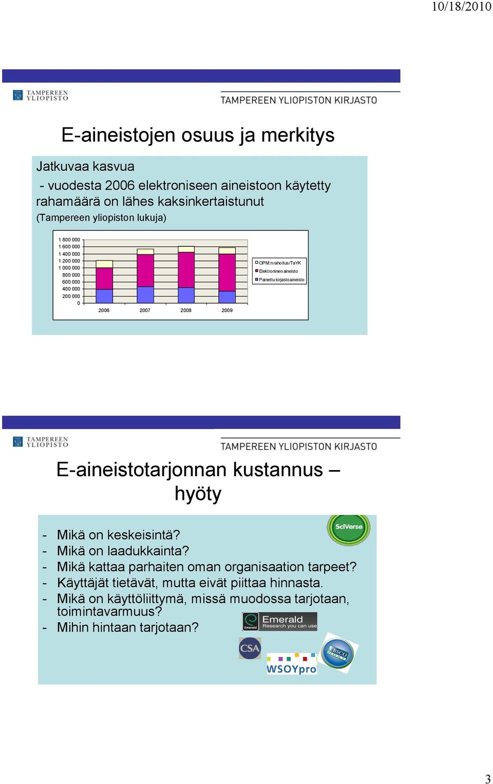 aineisto Painettu kirjastoaineisto E-aineistotarjonnan kustannus hyöty - Mikä on keskeisintä? - Mikä on laadukkainta?