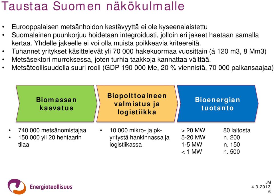 Tuhannet yritykset käsittelevät yli 70 000 hakekuormaa vuosittain (á 120 m3, 8 Mm3) Metsäsektori murroksessa, joten turhia taakkoja kannattaa välttää.