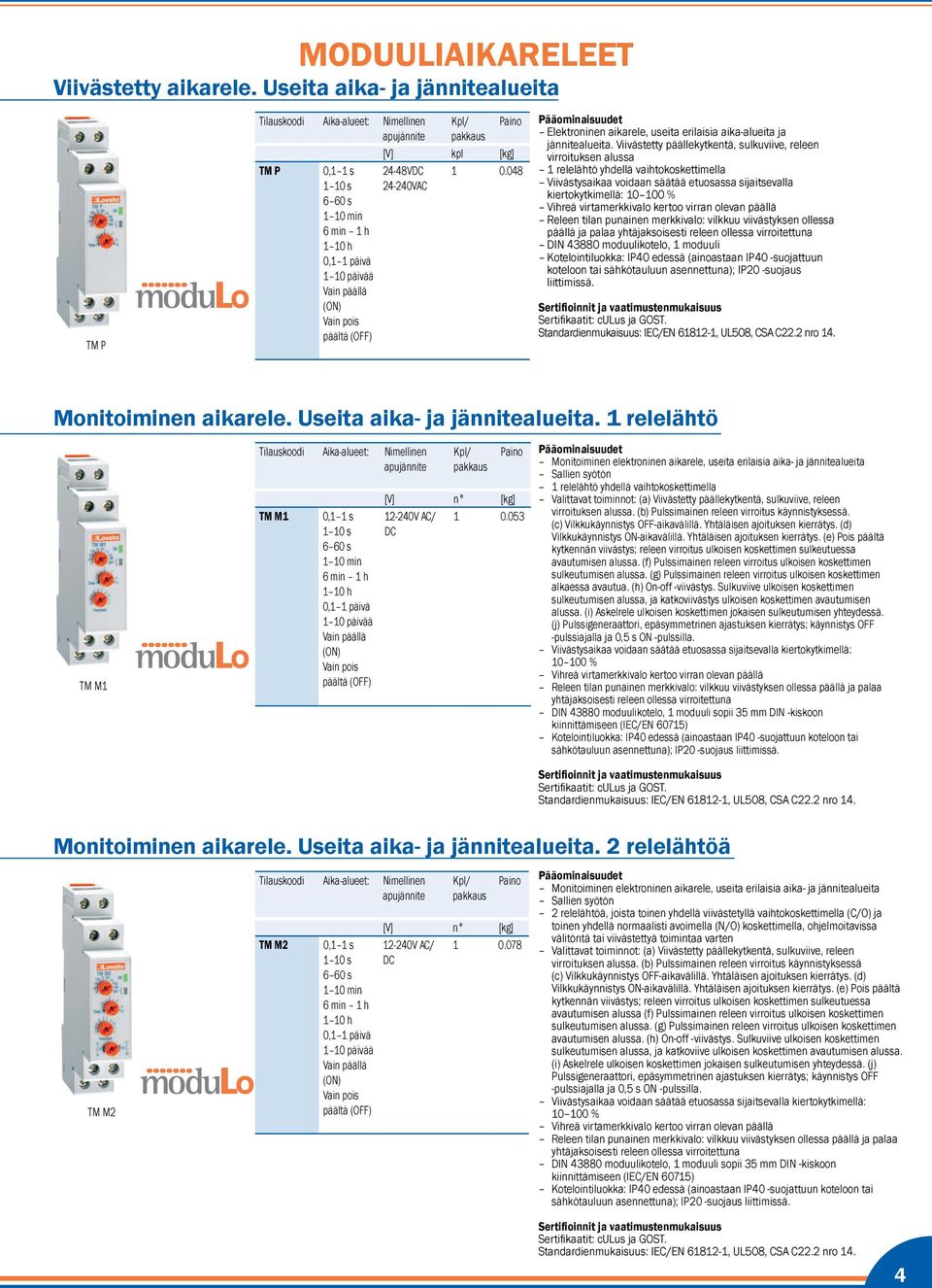 0.048 Pääominaisuudet Elektroninen aikarele, useita erilaisia aika-alueita ja jännitealueita.