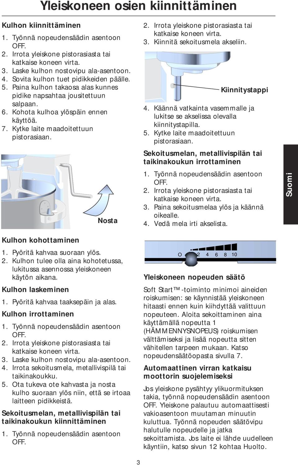 Kiinnitystappi 4. Käännä vatkainta vasemmalle ja lukitse se akselissa olevalla kiinnitystapilla. 5. Kytke laite maadoitettuun pistorasiaan.