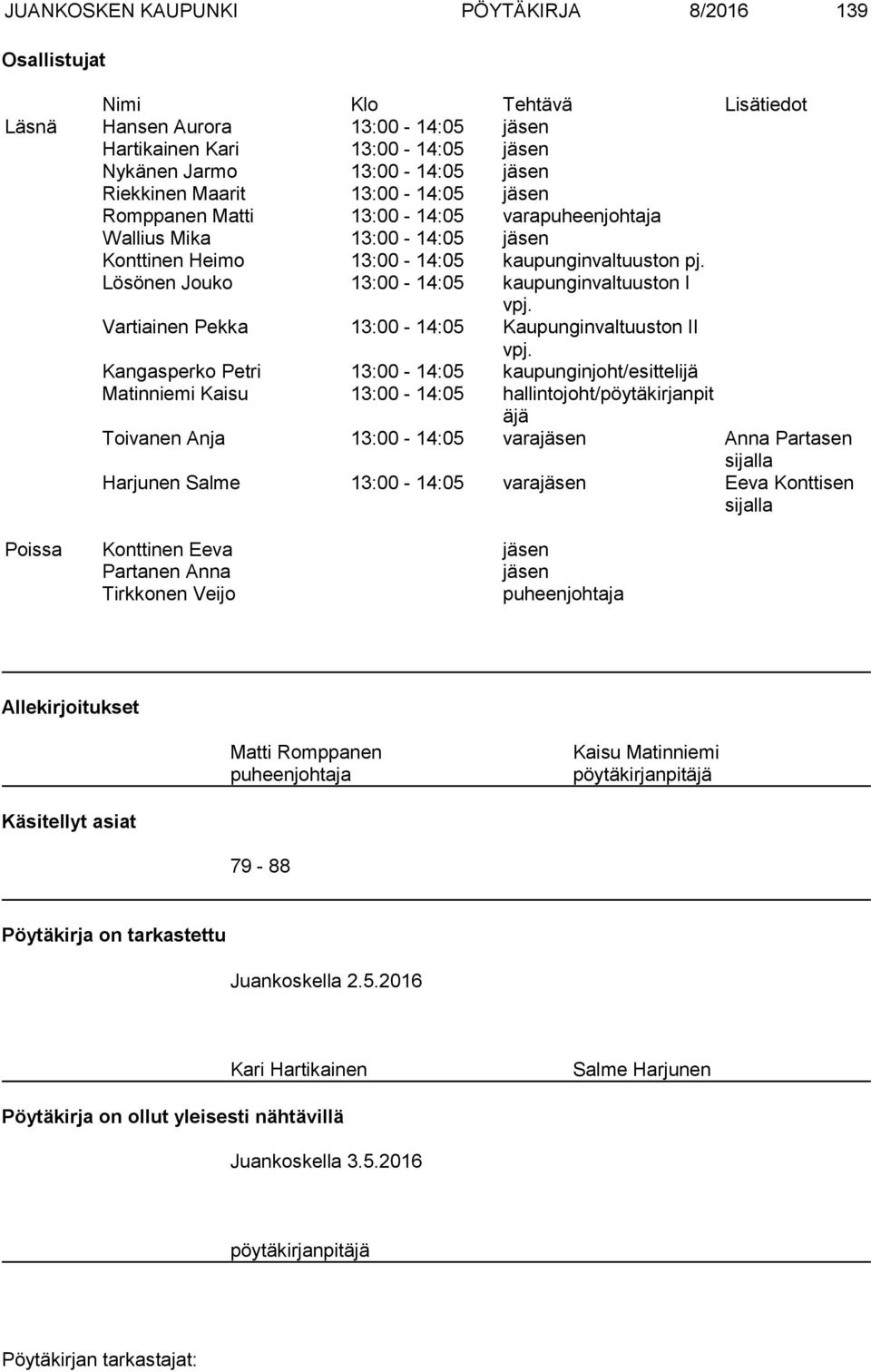 Lösönen Jouko 13:00 14:05 kaupunginvaltuuston I vpj. Vartiainen Pekka 13:00 14:05 Kaupunginvaltuuston II vpj.