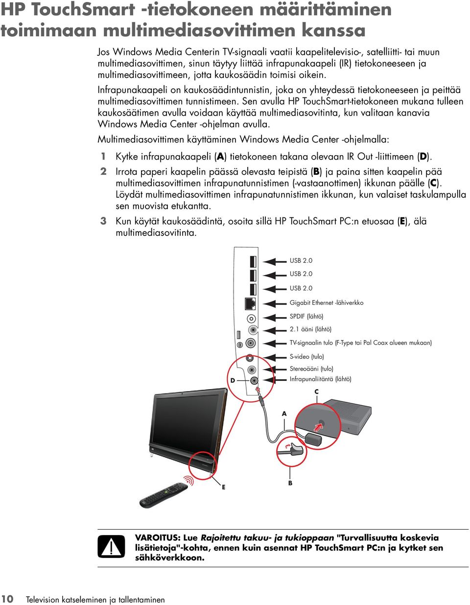 Infrapunakaapeli on kaukosäädintunnistin, joka on yhteydessä tietokoneeseen ja peittää multimediasovittimen tunnistimeen.