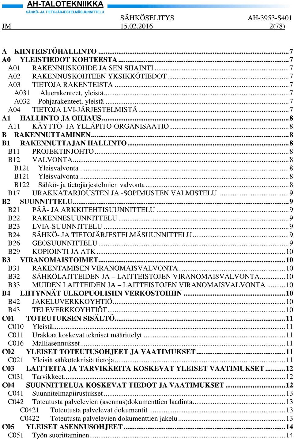 .. 8 B1 RAKENNUTTAJAN HALLINTO... 8 B11 PROJEKTINJOHTO... 8 B12 VALVONTA... 8 B121 Yleisvalvonta... 8 B121 Yleisvalvonta... 8 B122 Sähkö- ja tietojärjestelmien valvonta.