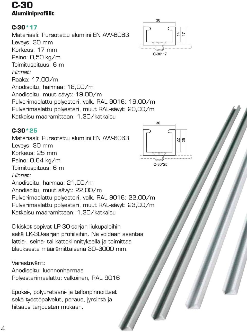 RAL 9016: 19,00/m Pulverimaalattu polyesteri, muut RAL-sävyt: 20,00/m C-30*25 Materiaali: Pursotettu alumiini EN AW-6063 Leveys: 30 mm Korkeus: 25 mm Paino: 0,64 kg/m Toimituspituus: 6 m Hinnat: