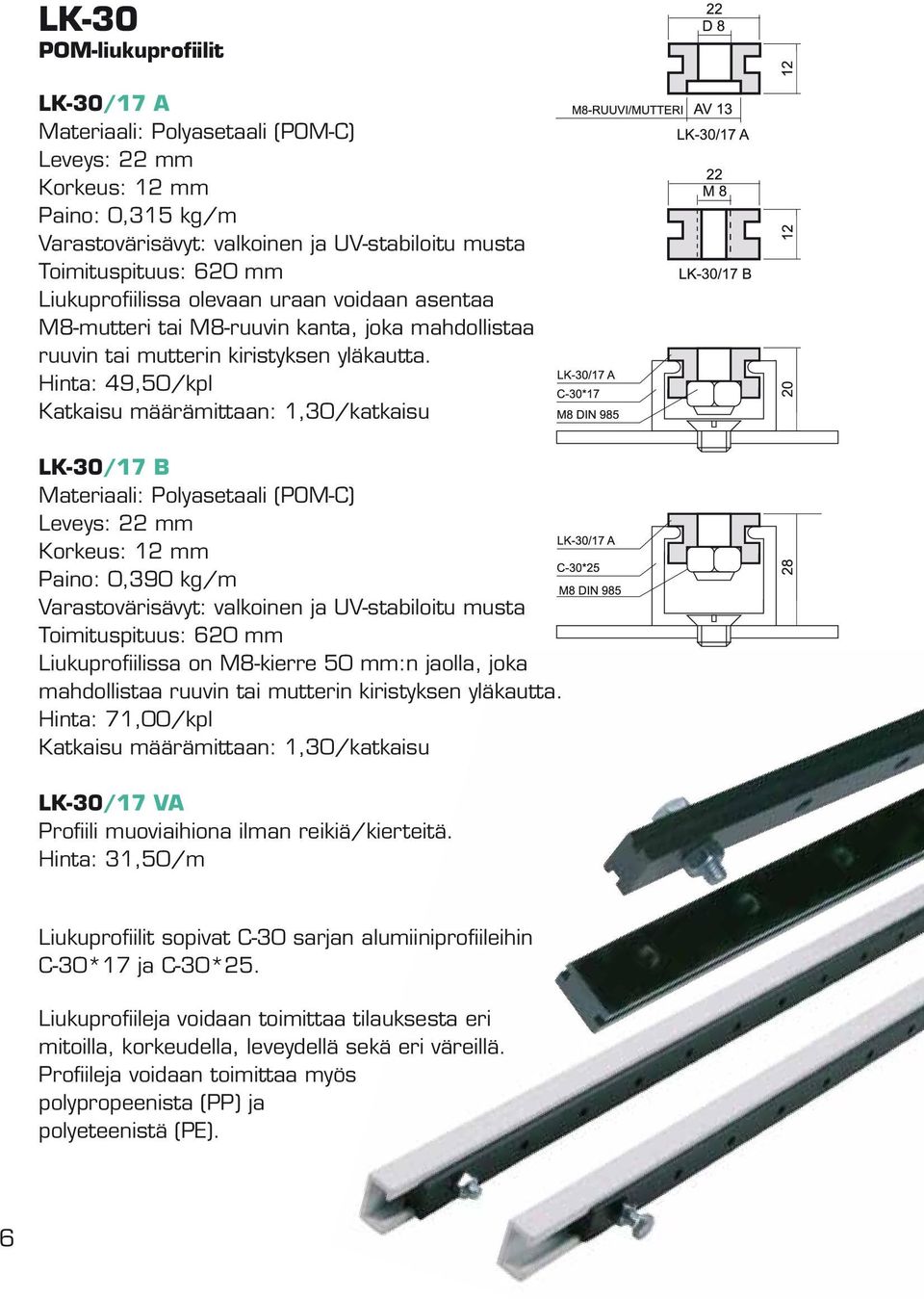 Hinta: 49,50/kpl LK-30/17 B Leveys: 22 mm Korkeus: 12 mm Paino: 0,390 kg/m Varastovärisävyt: valkoinen ja UV-stabiloitu musta Toimituspituus: 620 mm Liukuprofiilissa on M8-kierre 50 mm:n jaolla, joka