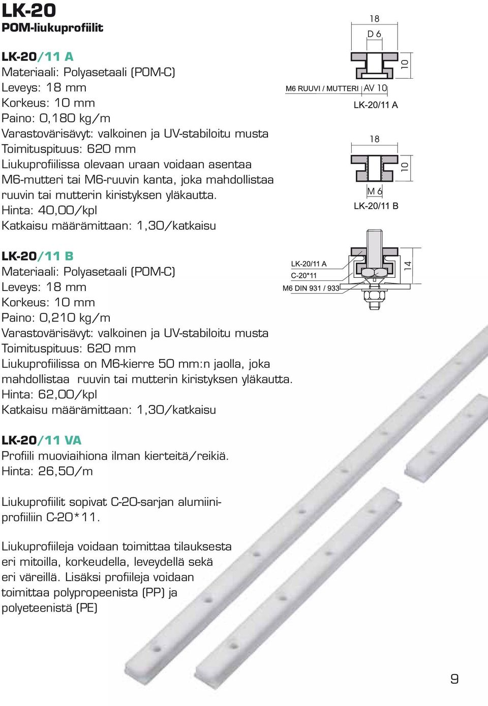 Hinta: 40,00/kpl LK-20/11 B Leveys: 18 mm Korkeus: 10 mm Paino: 0,210 kg/m Varastovärisävyt: valkoinen ja UV-stabiloitu musta Toimituspituus: 620 mm Liukuprofiilissa on M6-kierre 50 mm:n jaolla, joka