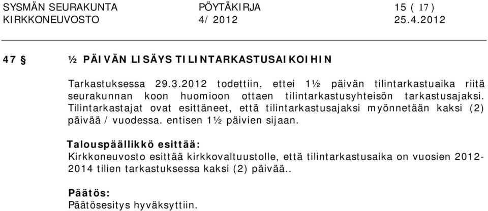 Tilintarkastajat ovat esittäneet, että tilintarkastusajaksi myönnetään kaksi (2) päivää / vuodessa. entisen 1½ päivien sijaan.