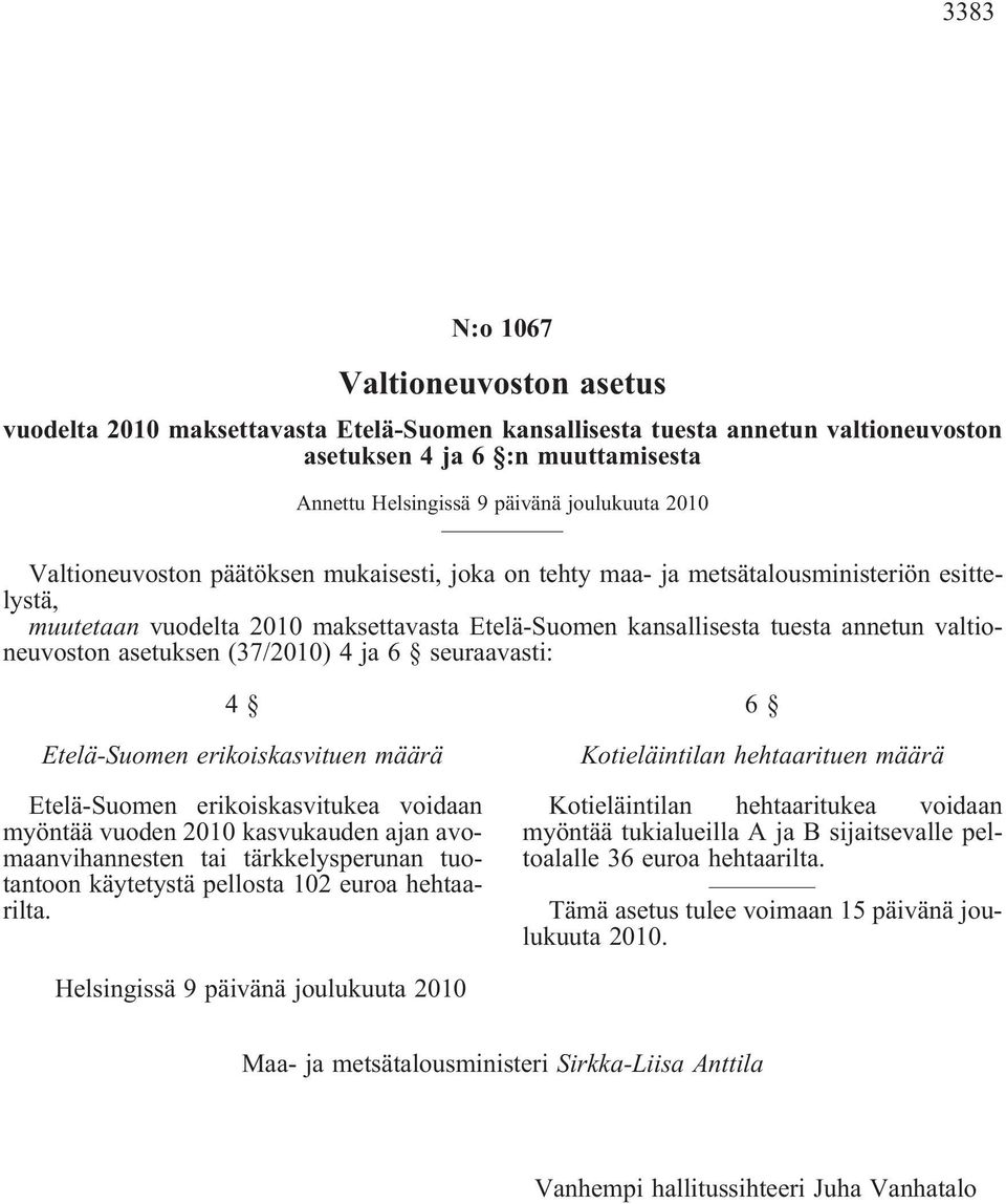 asetuksen (37/2010) 4 ja 6 seuraavasti: 4 Etelä-Suomen erikoiskasvituen määrä Etelä-Suomen erikoiskasvitukea voidaan myöntää vuoden 2010 kasvukauden ajan avomaanvihannesten tai tärkkelysperunan
