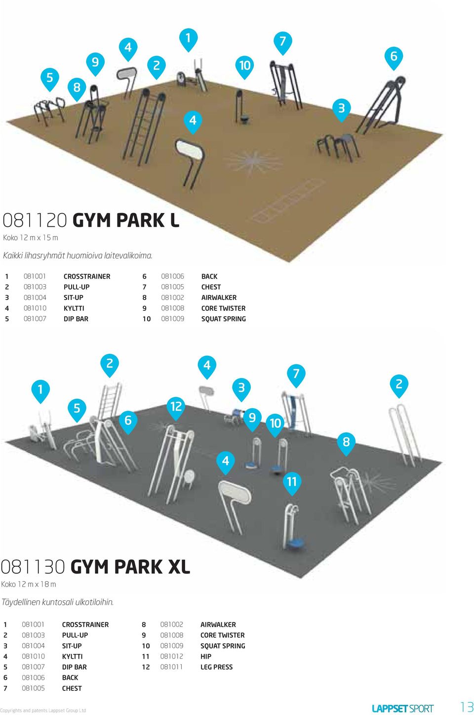 081009 SQUAT SPRING 1 5 2 6 12 4 3 9 10 7 2 8 4 11 081130 GYM PARK XL Koko 12 m x 18 m Täydellinen kuntosali ulkotiloihin.