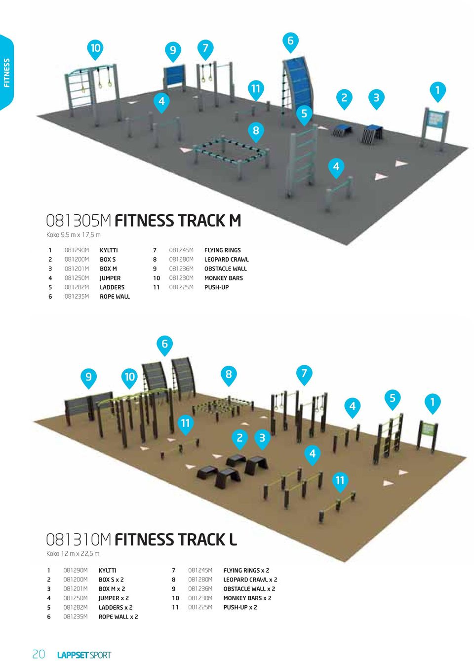 1 11 2 3 4 11 081310M FITNESS TRACK L Koko 12 m x 22,5 m 1 081290M KYLTTI 2 081200M BOX S x 2 3 081201M BOX M x 2 4 081250M JUMPER x 2 5 081282M LADDERS x 2