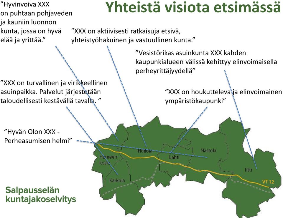 Yhteistä visiota etsimässä XXX on aktiivisesti ratkaisuja etsivä, yhteistyöhakuinen ja vastuullinen kunta.