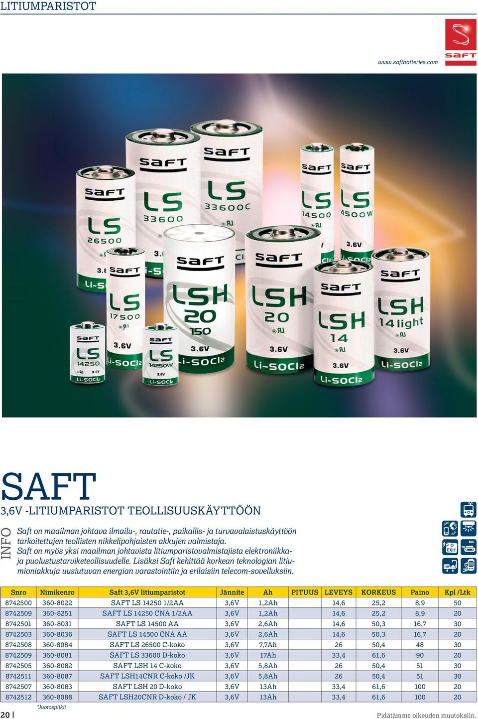 Saft on myös yksi maailman johtavista litiumparistovalmistajista elektroniikkaja puolustustarviketeollisuudelle.
