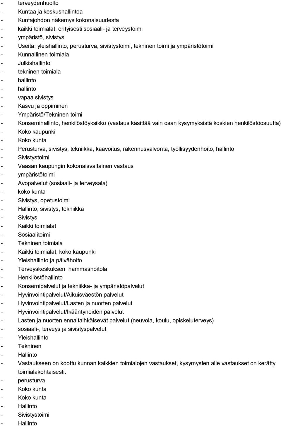 henkilöstöyksikkö (vastaus käsittää vain osan kysymyksistä koskien henkilöstöosuutta) Koko kaupunki Koko kunta Perusturva, sivistys, tekniikka, kaavoitus, rakennusvalvonta, työllisyydenhoito,