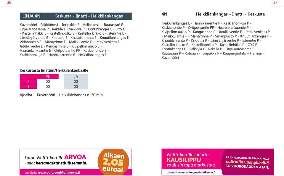 Jättikivenkatu E - Jatulikiventie E - Kangasrinne E - Kivipellon aukio E - Haarankankaantie E - Oritputaantie PP - Kaskiahontie E - Kaskiahonkuja E - Hanhikaarentie E - Heikkilänkangas E 4N