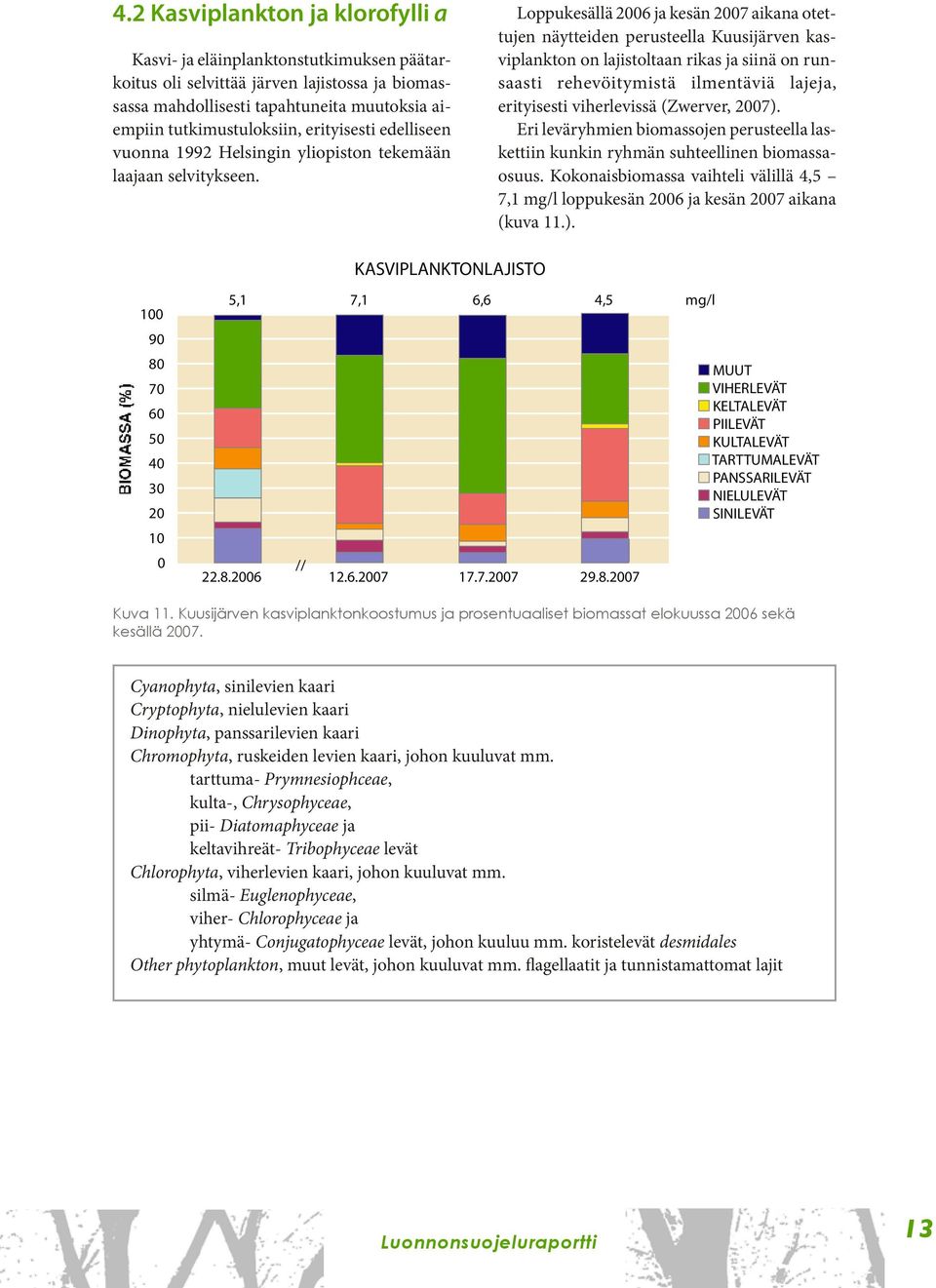 Loppukesällä 2006 ja kesän 2007 aikana otettujen näytteiden perusteella Kuusijärven kasviplankton on lajistoltaan rikas ja siinä on runsaasti rehevöitymistä ilmentäviä lajeja, erityisesti