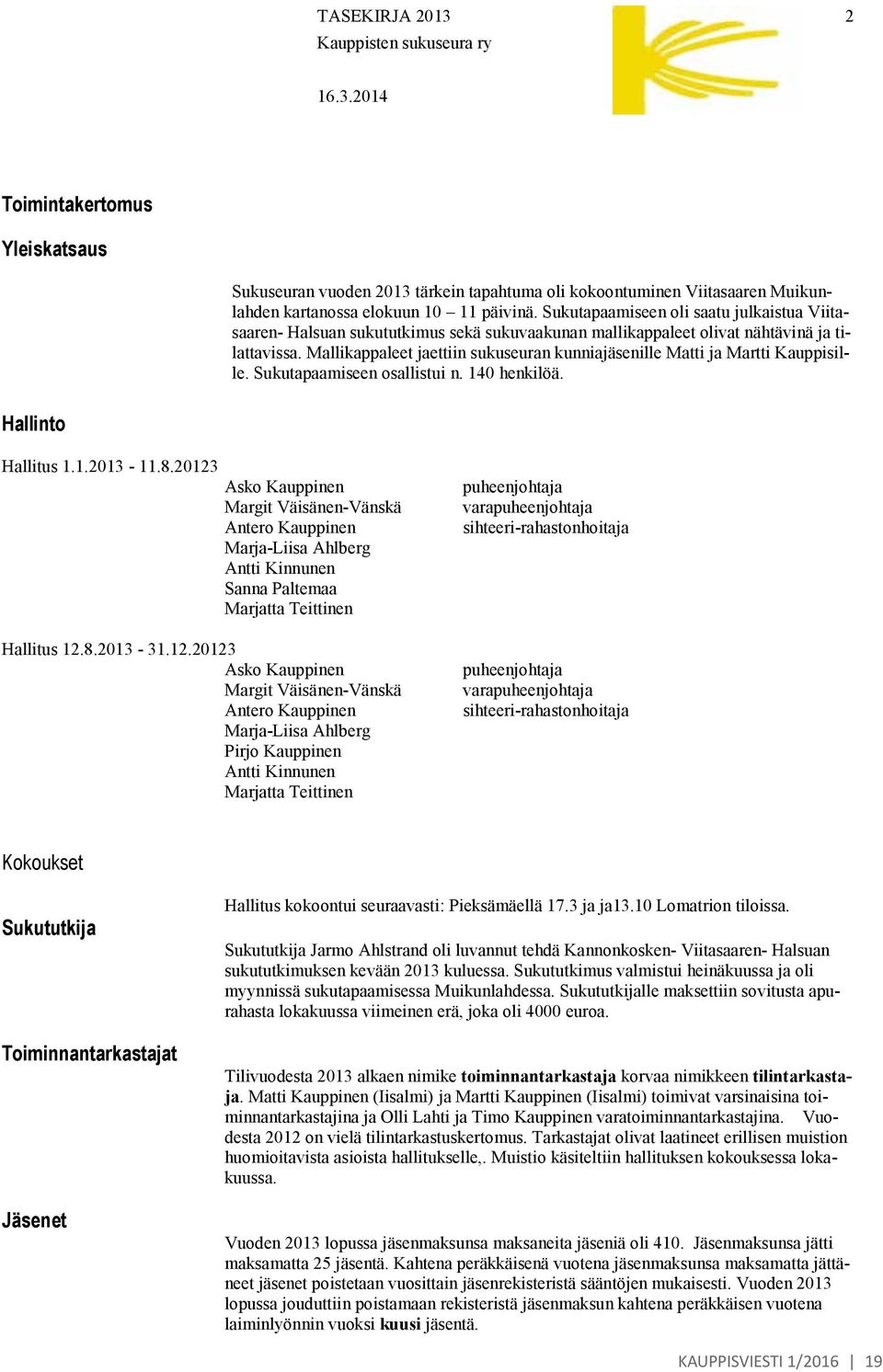 Mallikappaleet jaettiin sukuseuran kunniajäsenille Matti ja Martti Kauppisille. Sukutapaamiseen osallistui n. 140 henkilöä. Hallinto Hallitus 1.1.2013-11.8.