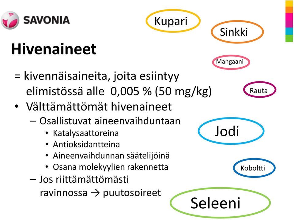 Antioksidantteina Aineenvaihdunnan säätelijöinä Osana molekyylien rakennetta Jos