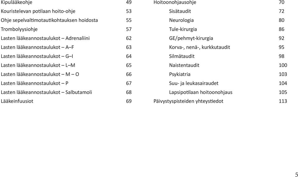 67 Lasten lääkeannostaulukot Salbutamoli 68 Lääkeinfuusiot 69 Hoitoonohjausohje 70 Sisätaudit 72 Neurologia 80 Tule-kirurgia 86 GE/pehmyt-kirurgia 92 Korva-,