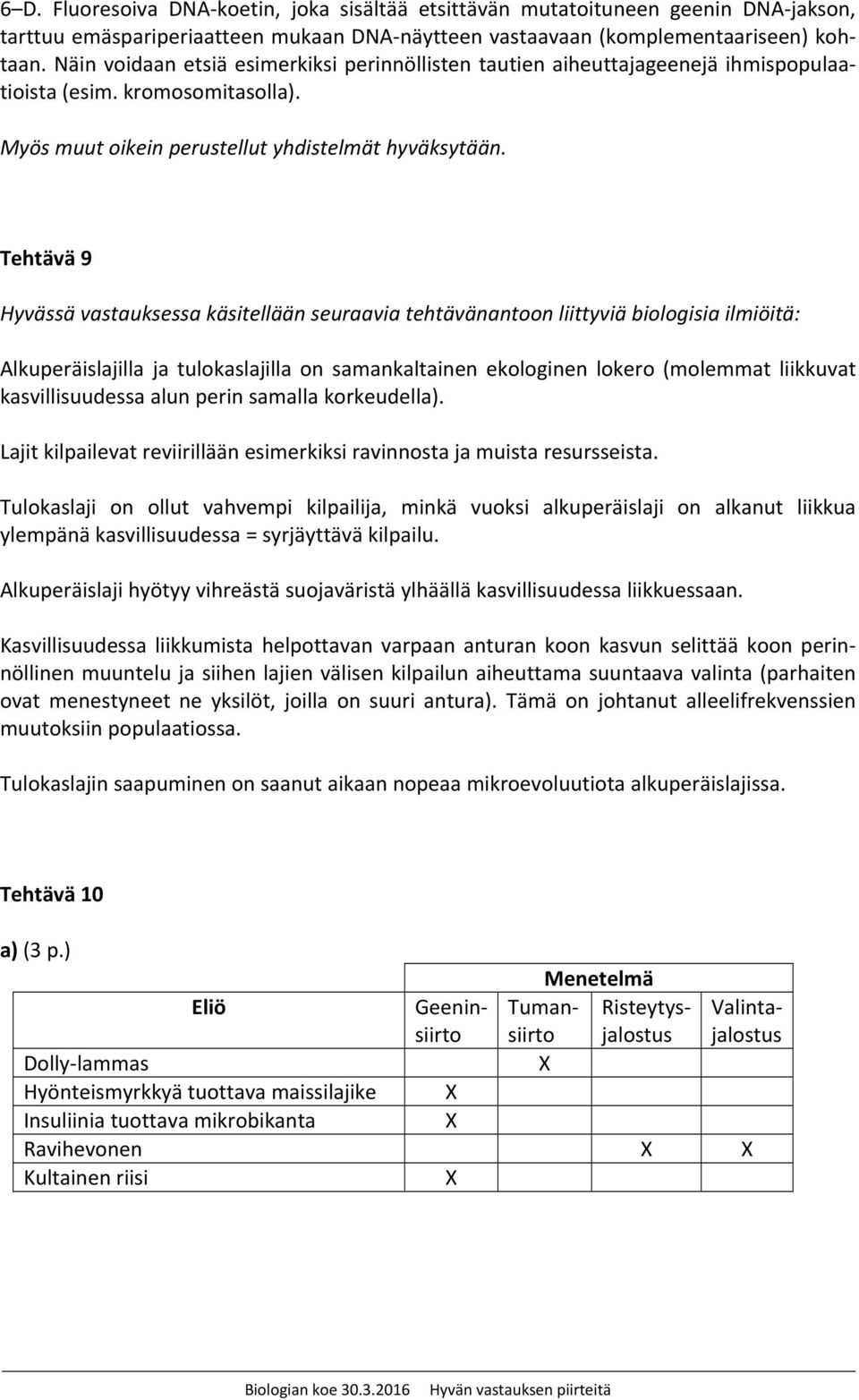 Tehtävä 9 Hyvässä vastauksessa käsitellään seuraavia tehtävänantoon liittyviä biologisia ilmiöitä: Alkuperäislajilla ja tulokaslajilla on samankaltainen ekologinen lokero (molemmat liikkuvat