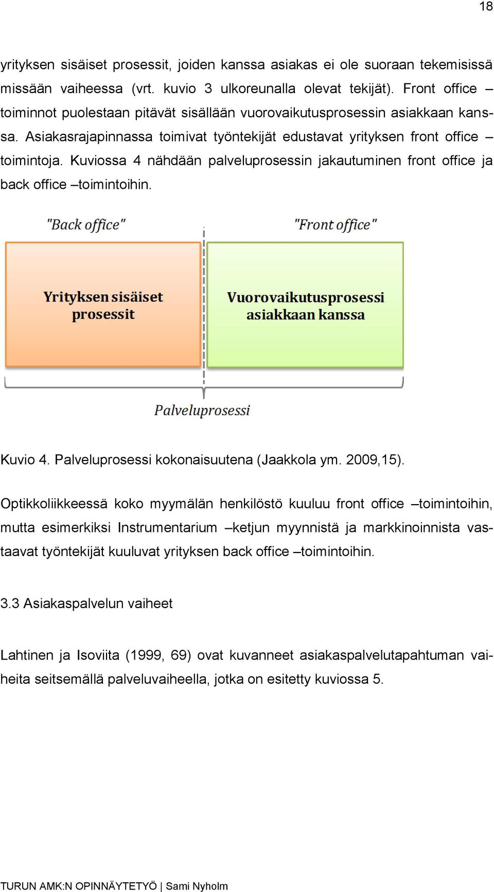 Kuviossa 4 nähdään palveluprosessin jakautuminen front office ja back office toimintoihin. Kuvio 4. Palveluprosessi kokonaisuutena (Jaakkola ym. 2009,15).