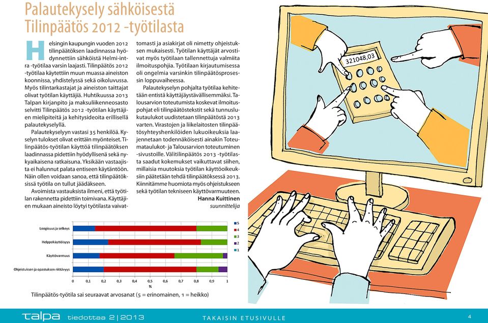 Huhtikuussa 2013 Talpan kirjanpito ja maksuliikenneosasto selvitti Tilinpäätös 2012 -työtilan käyttäjien mielipiteitä ja kehitysideoita erillisellä palautekyselyllä.