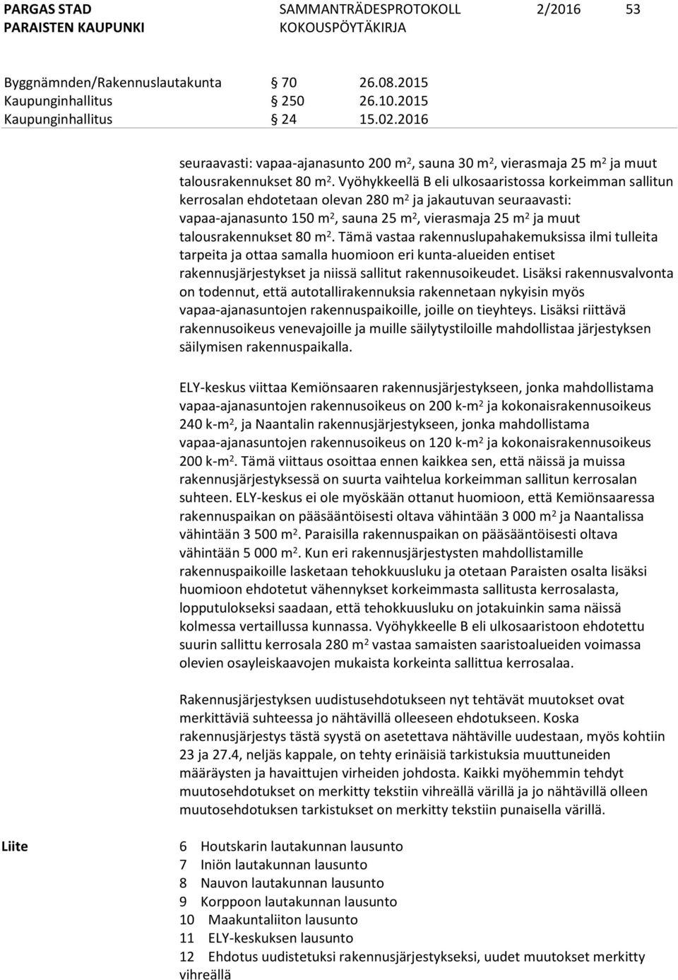 Vyöhykkeellä B eli ulkosaaristossa korkeimman sallitun kerrosalan ehdotetaan olevan 280 m 2 ja jakautuvan seuraavasti: vapaa-ajanasunto 150 m 2, sauna 25 m 2, vierasmaja 25 m 2 ja muut