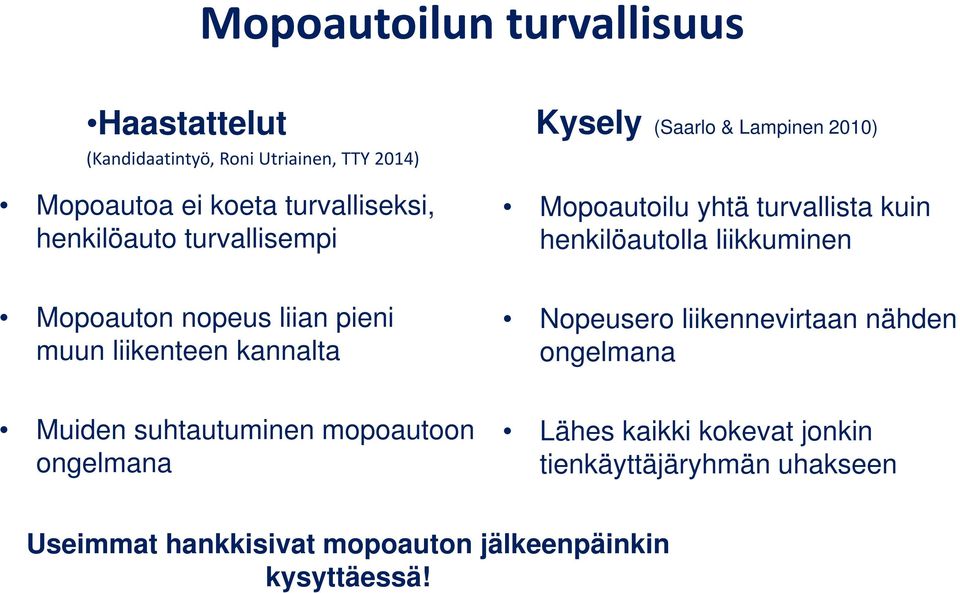 Mopoauton nopeus liian pieni muun liikenteen kannalta Nopeusero liikennevirtaan nähden ongelmana Muiden suhtautuminen