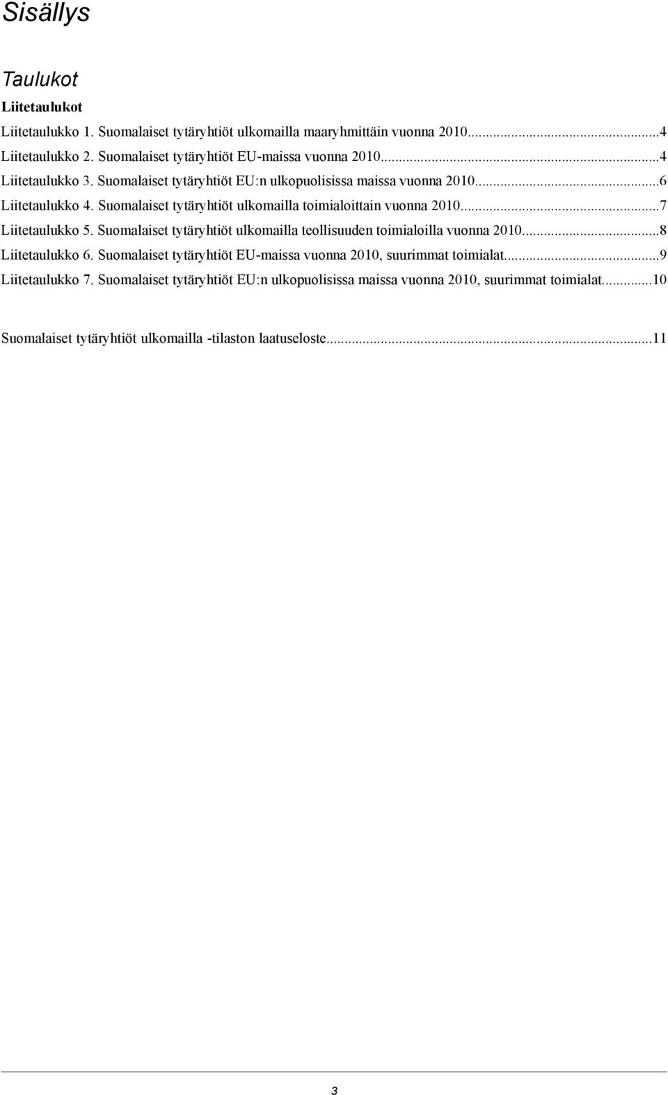 Suomalaiset tytäryhtiöt ulkomailla toimialoittain vuonna 2010.7 Liitetaulukko 5. Suomalaiset tytäryhtiöt ulkomailla teollisuuden toimialoilla vuonna 20108 Liitetaulukko 6.