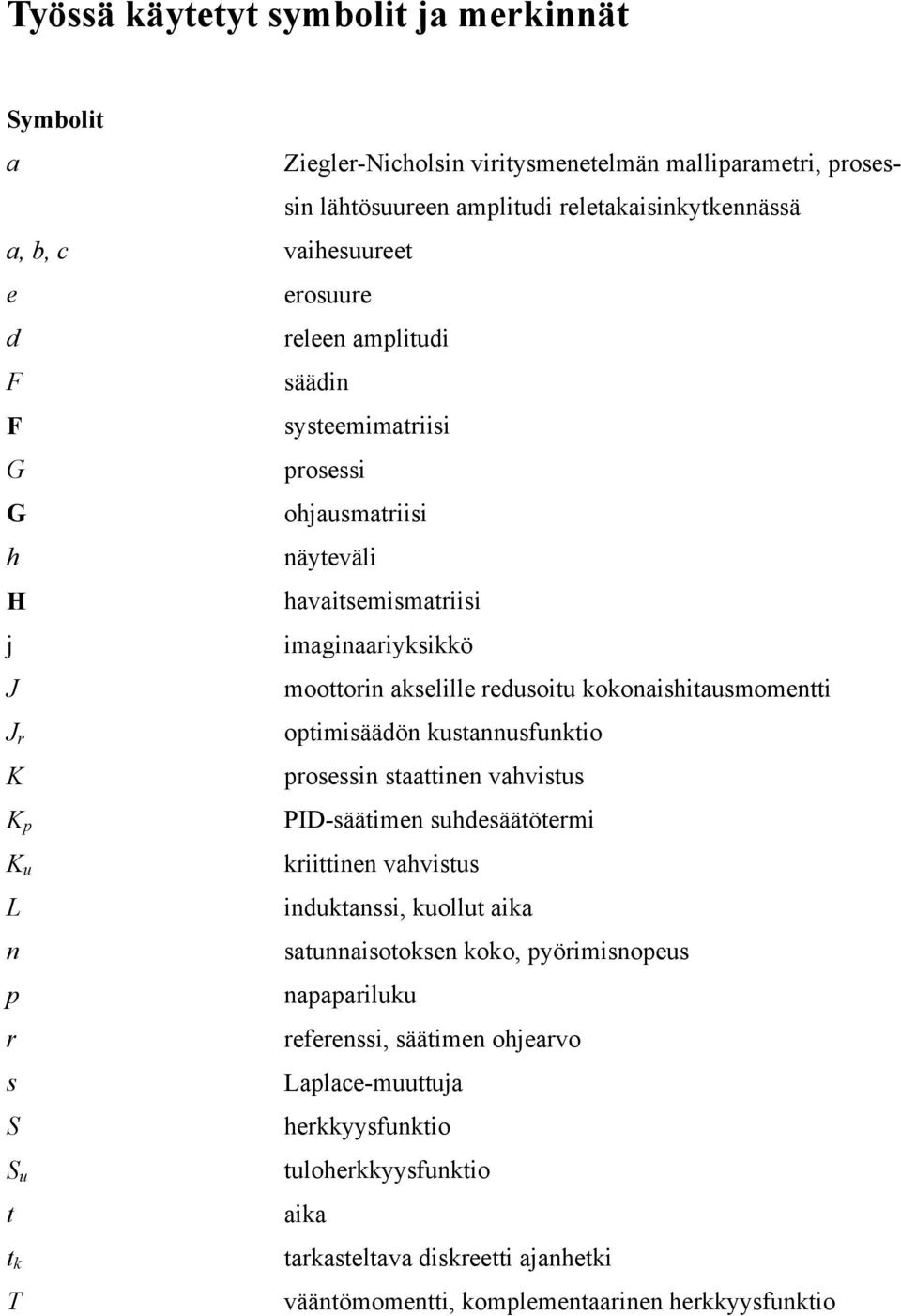 K u L n p r s S S u t t k T optimisäädön kustannusfunktio prosessin staattinen vahvistus PID-säätimen suhdesäätötermi kriittinen vahvistus induktanssi, kuollut aika satunnaisotoksen koko,